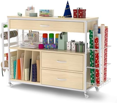 Christmas Wrapping Paper Storage & Organizer, Craft Cart with Ribbon & Gift Bag Storage, Wrapping... | Amazon (US)