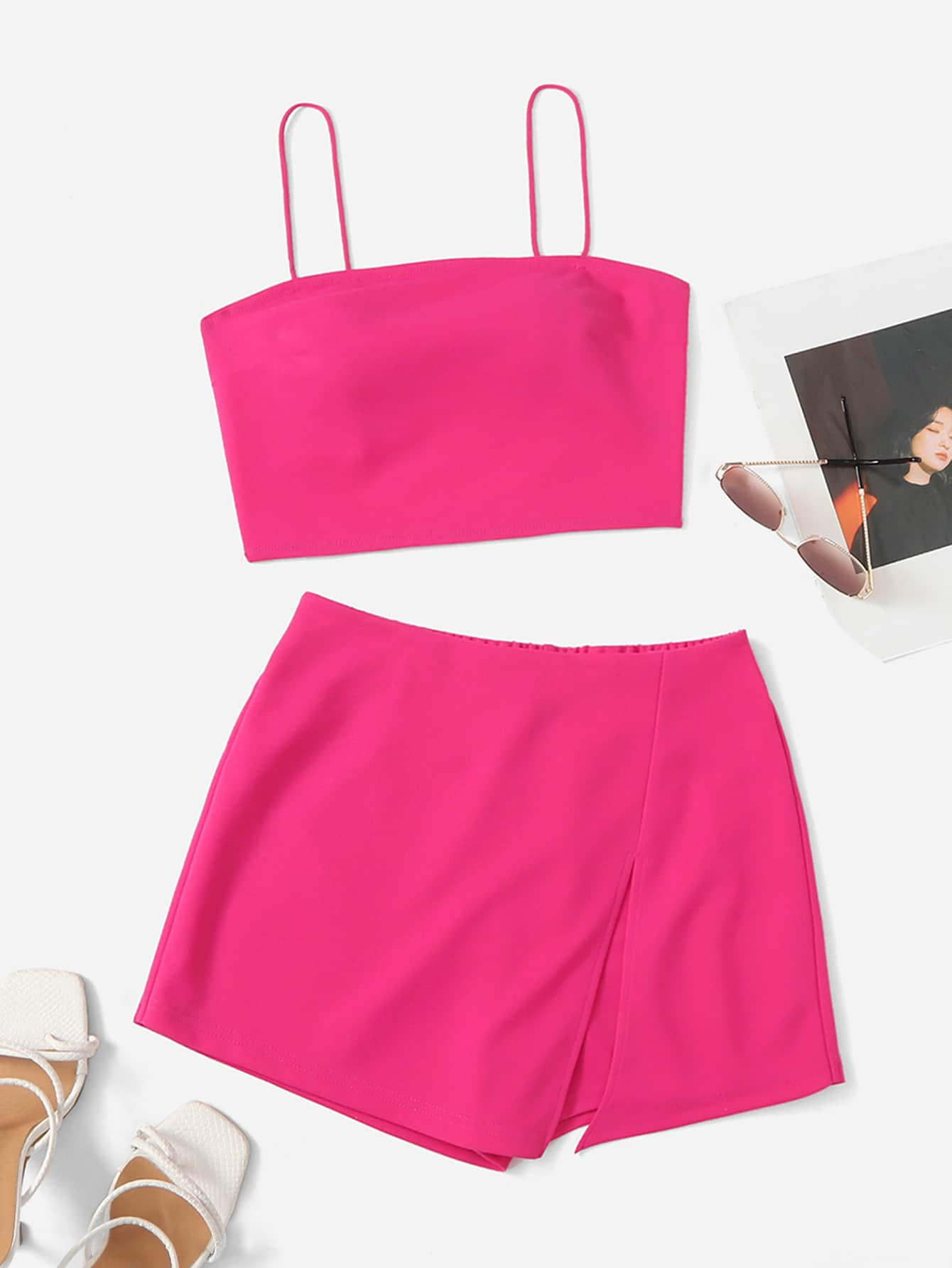 SHEIN BAE Solid Cropped Cami Top & Skort Set | SHEIN