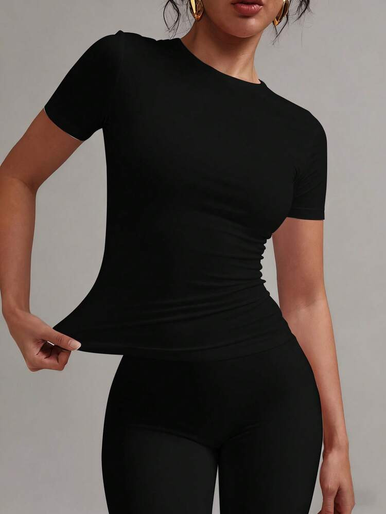 XLLAIS 2025 Model Black Short Sleeve Crew Neck Solid Color Basic Fitted Casual T-Shirt For Women, Summer | SHEIN