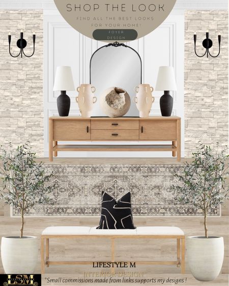 Transitional style foyer design idea. Wood console table, wood upholstered bench, creme traditional foyer runner rug, black table lamp, creme terracotta vase, black decorative mirror, black lantern sconce light, black throw pillow, round table decor, white terracotta tree planter pot, realistic faux fake olive tree.

#LTKhome #LTKstyletip #LTKFind