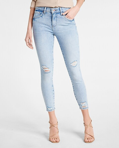 Mid Rise Light Wash Ripped Cropped Skinny Jeans | Express