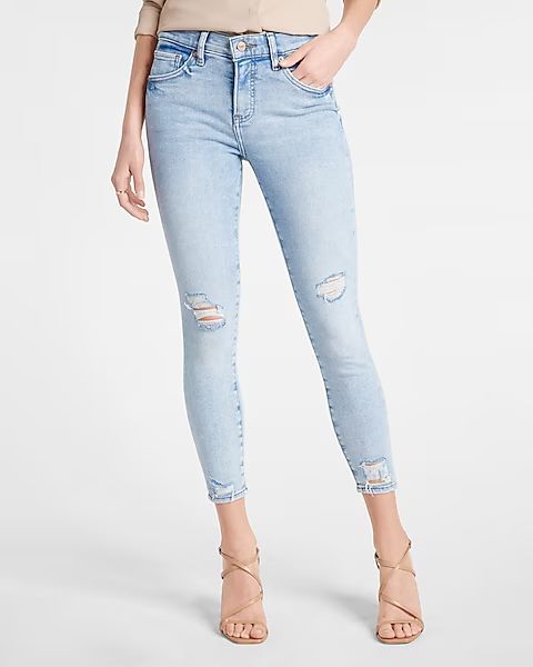 Mid Rise Light Wash Ripped Cropped Skinny Jeans | Express
