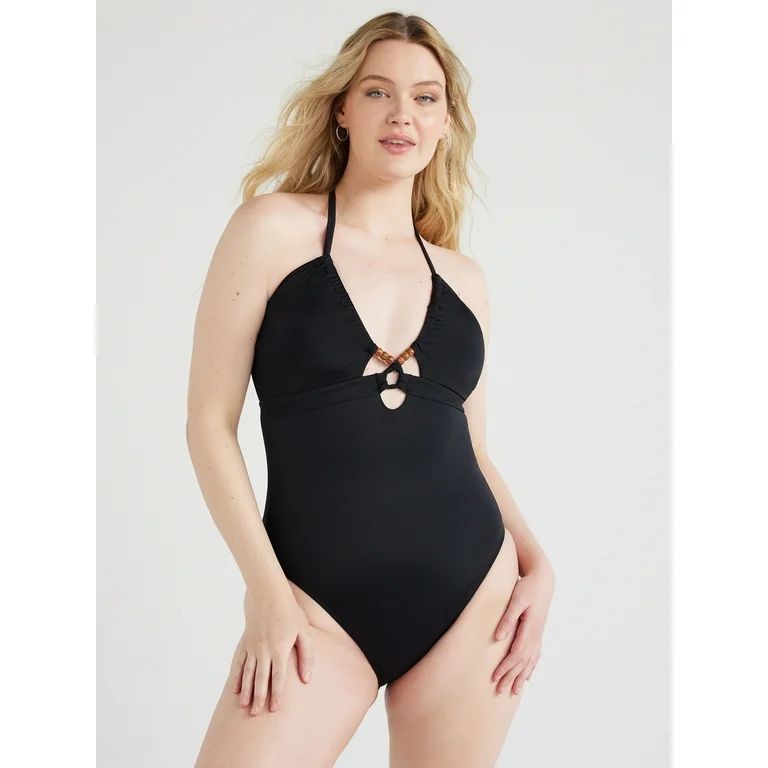 Time and Tru Women's and Women's Plus Beaded Tunnel Halter One Piece Swimsuit, Sizes XS-3X | Walmart (US)