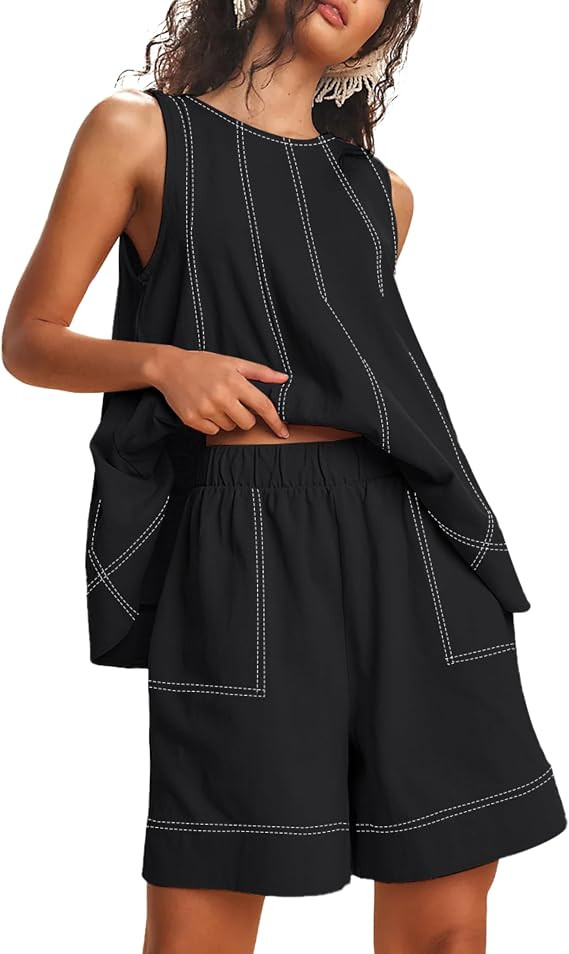 Gozoloma Womens 2 piece Outfits Sleeveless Matching Sets A Line Tank Tops Contrast Stitching High... | Amazon (US)