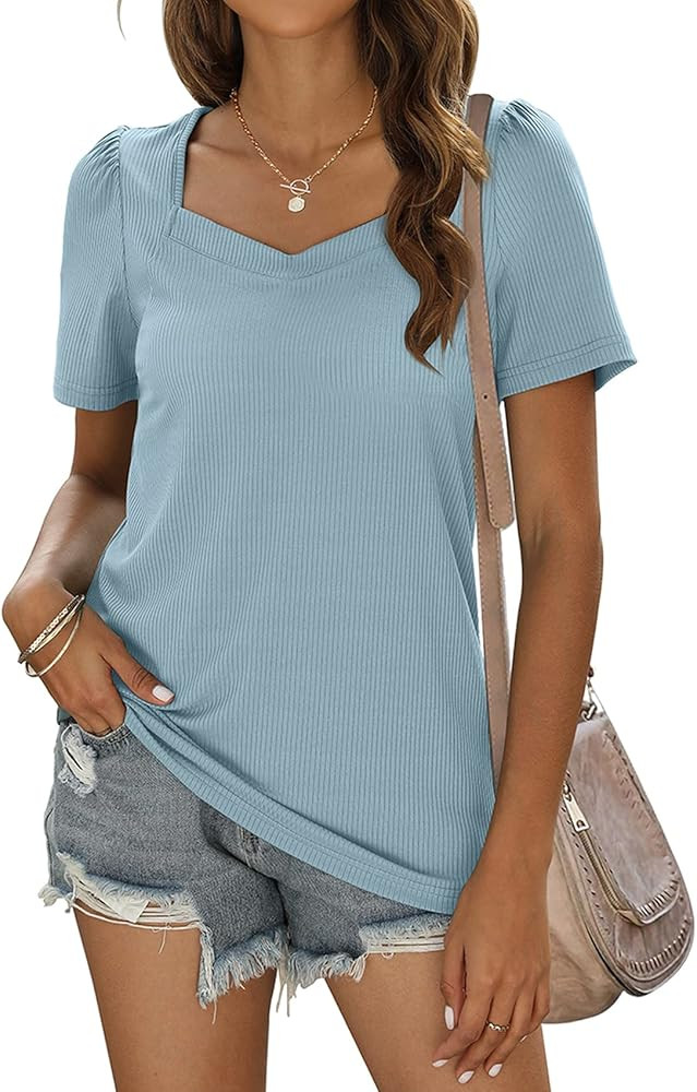 Glanzition Women's Summer Shirts Casual Sweetheart Neck Puffy Sleeve T Shirts Ribbed Tops | Amazon (US)
