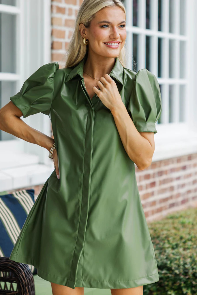 Out Of A Movie Olive Leather Dress | The Mint Julep Boutique