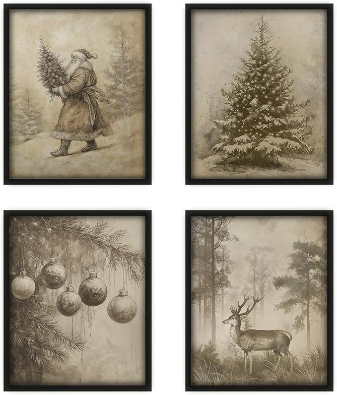 YCKH Vintage Christmas Wall Art Decor, Neutral Winter Christmas Poster Prints, Rustic Xmas Tree S... | Amazon (US)