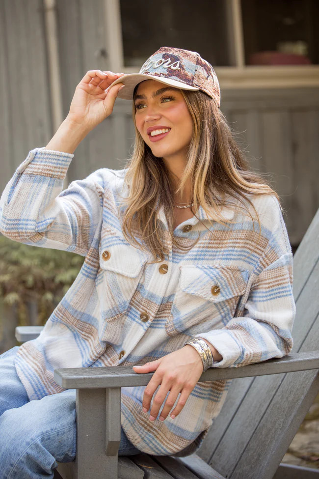 Shayla Taupe and Blue Flannel Shacket | Pink Lily
