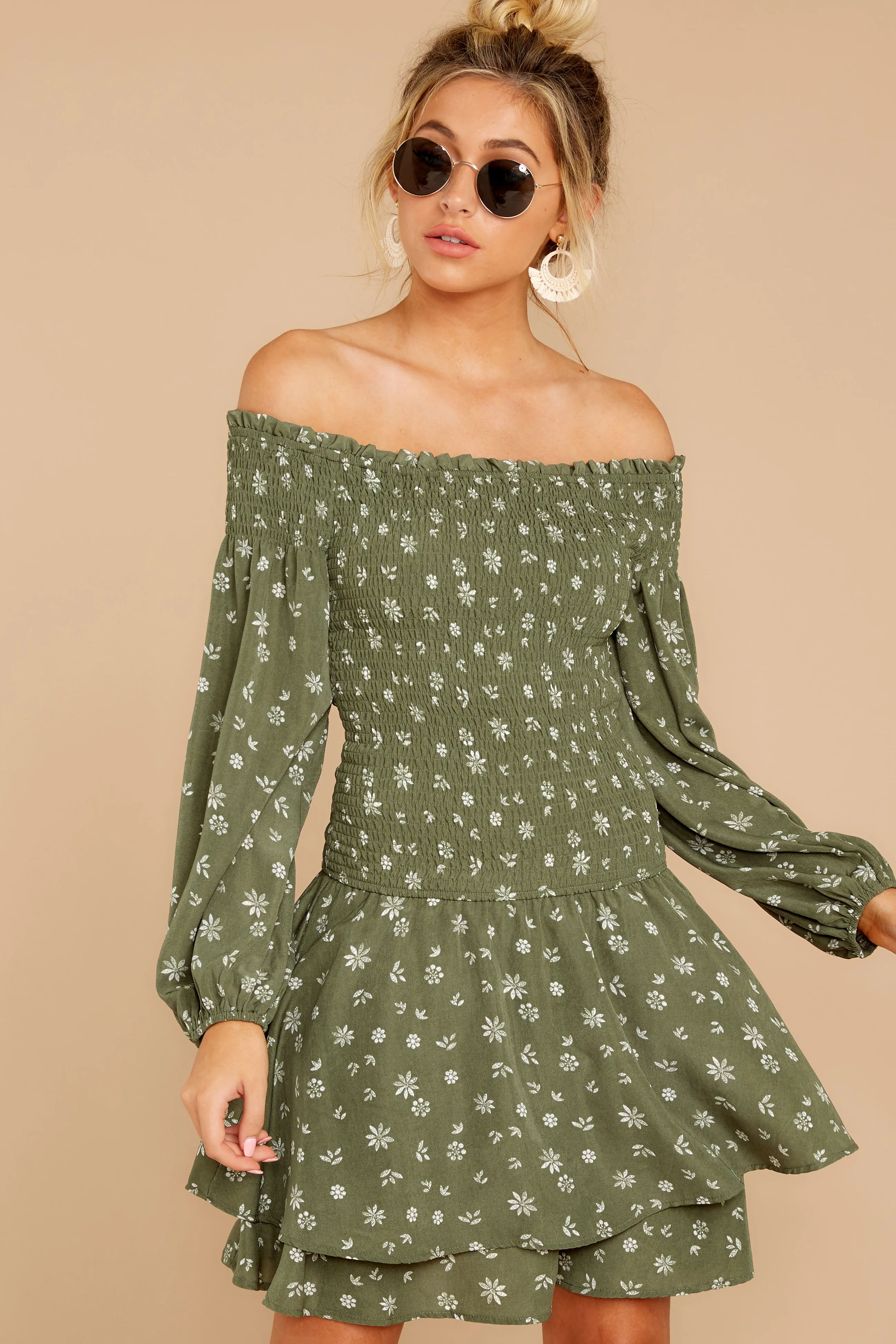 For The Twirl Of It Olive Green Print Dress | Red Dress 