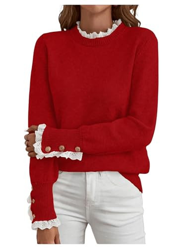 MakeMeChic Women's Fall Sweaters Lace Peplum Mock Neck Cozy Sweater Pullover Red-New X-Small | Amazon (US)