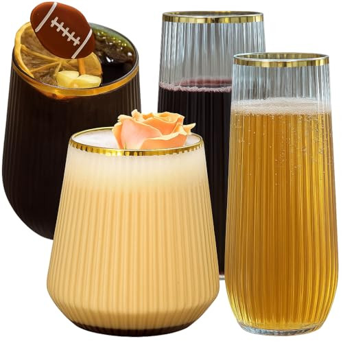 48 Pack Ribbed Origami Ripple Plastic Glasses, 24 9 Ounce Stemless Champagne Flutes & 24 12 Ounce... | Amazon (US)