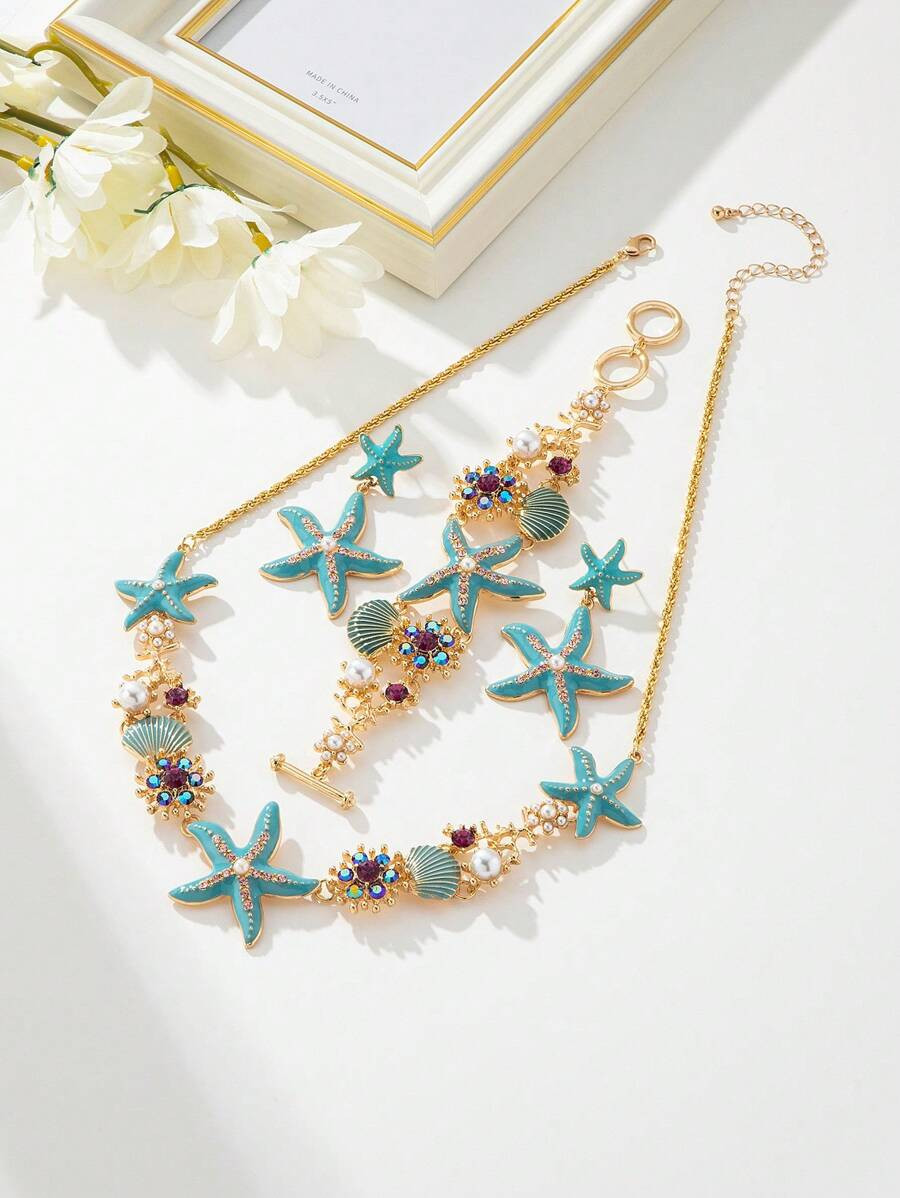 1pc Beachy Short Starfish Necklace, Enamel Starfish & Coral Bracelet, Crystal Ocean Shell & Faux ... | SHEIN