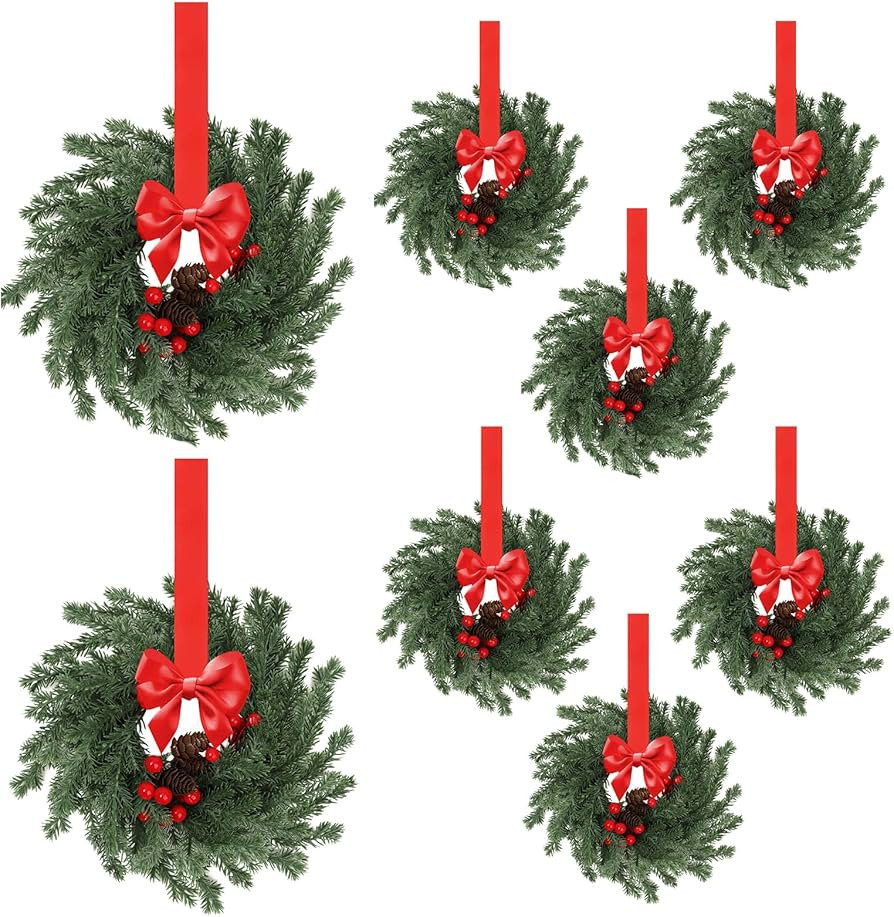 8Pcs Cabinet Wreaths for Kitchen 7.9 Inch Christmas Wreath With Red Ribbon And Cedar Red Berries,... | Amazon (US)