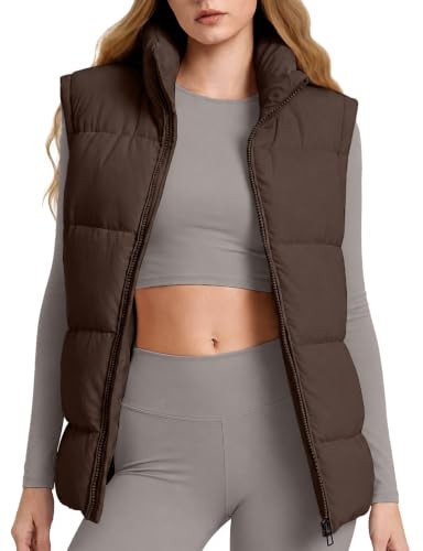 ASPO Womens Puffer Vest Zip Up Sleeveless Quilted Warm Coat Brown M | Amazon (US)