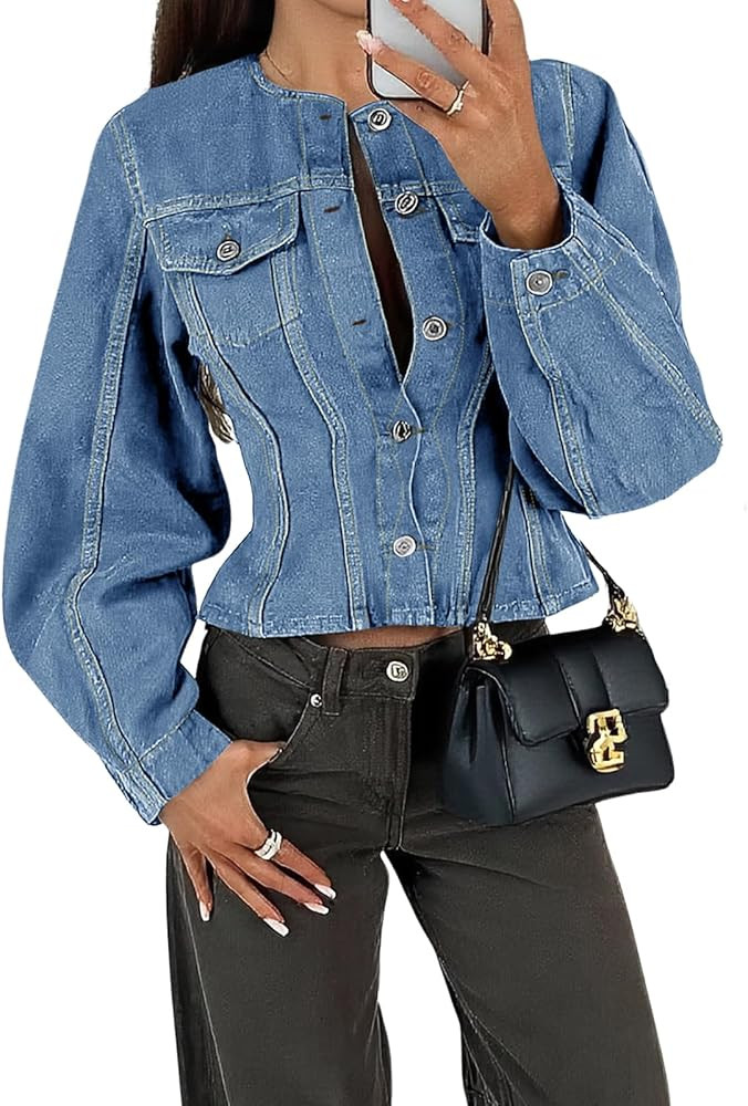 Tankaneo Womens Cropped Jean Jacket Trendy Crewneck Button Down Short Denim Jacket Y2k Slim Fit C... | Amazon (US)