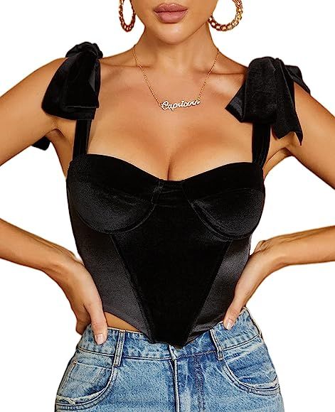 Sexy Satin Velvet Corset Patchwork Crop Top Y2K Fashion Bodice Adjustable Strap Push UP Bustiers for | Amazon (US)