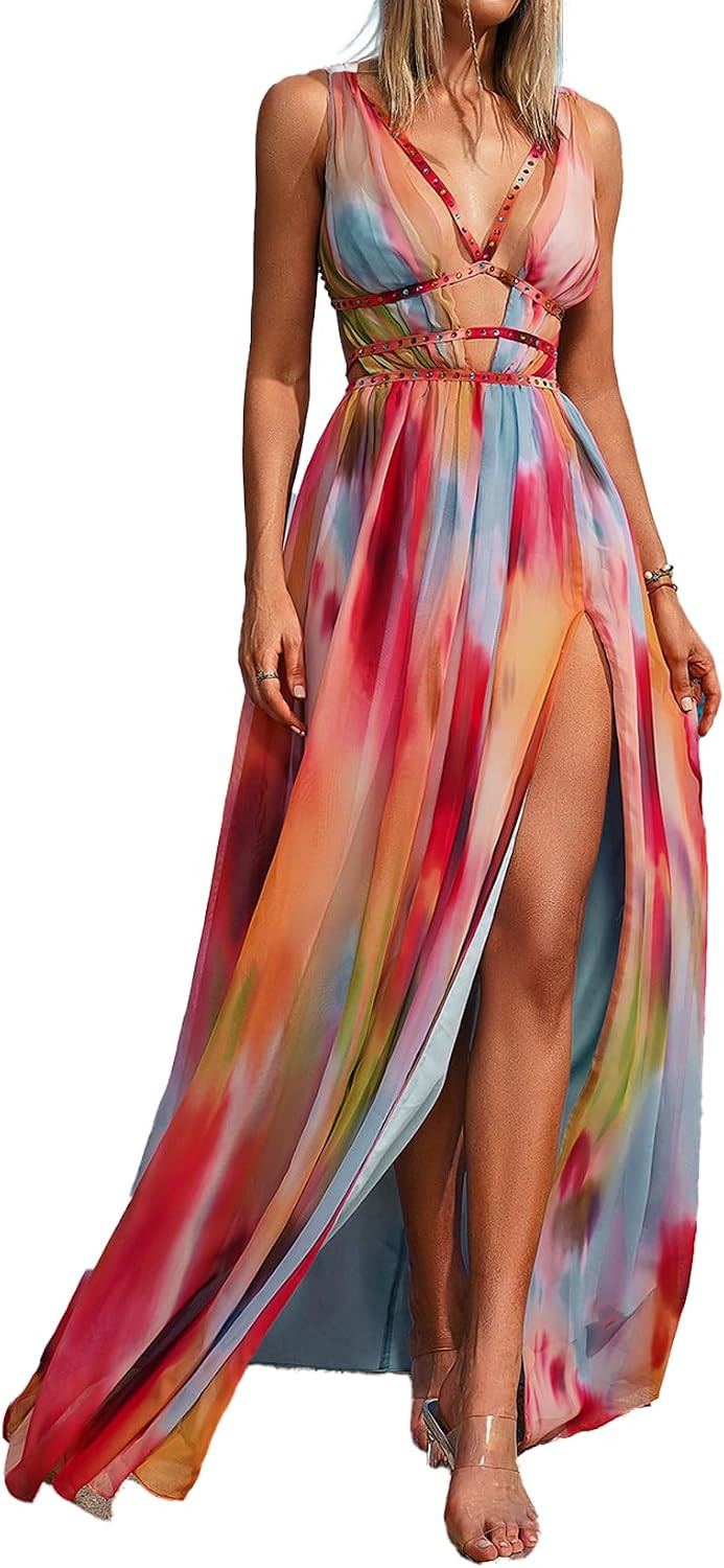 BELLA BARNETT Boho Dress Deep V Chiffon Dress Maxi Garden Party Dress Elegant Dress Loose Vacation Dress | Amazon (US)