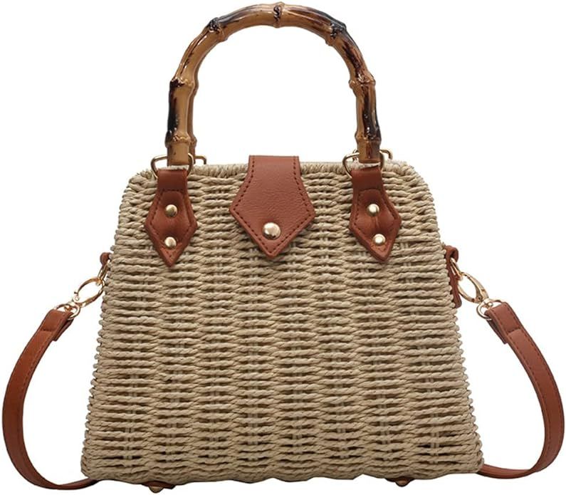 Women Beach Bag Straw Crossbody Bag Bamboo Handle Straw Tote Bag Handmade Straw Shoulder Bag for ... | Amazon (US)