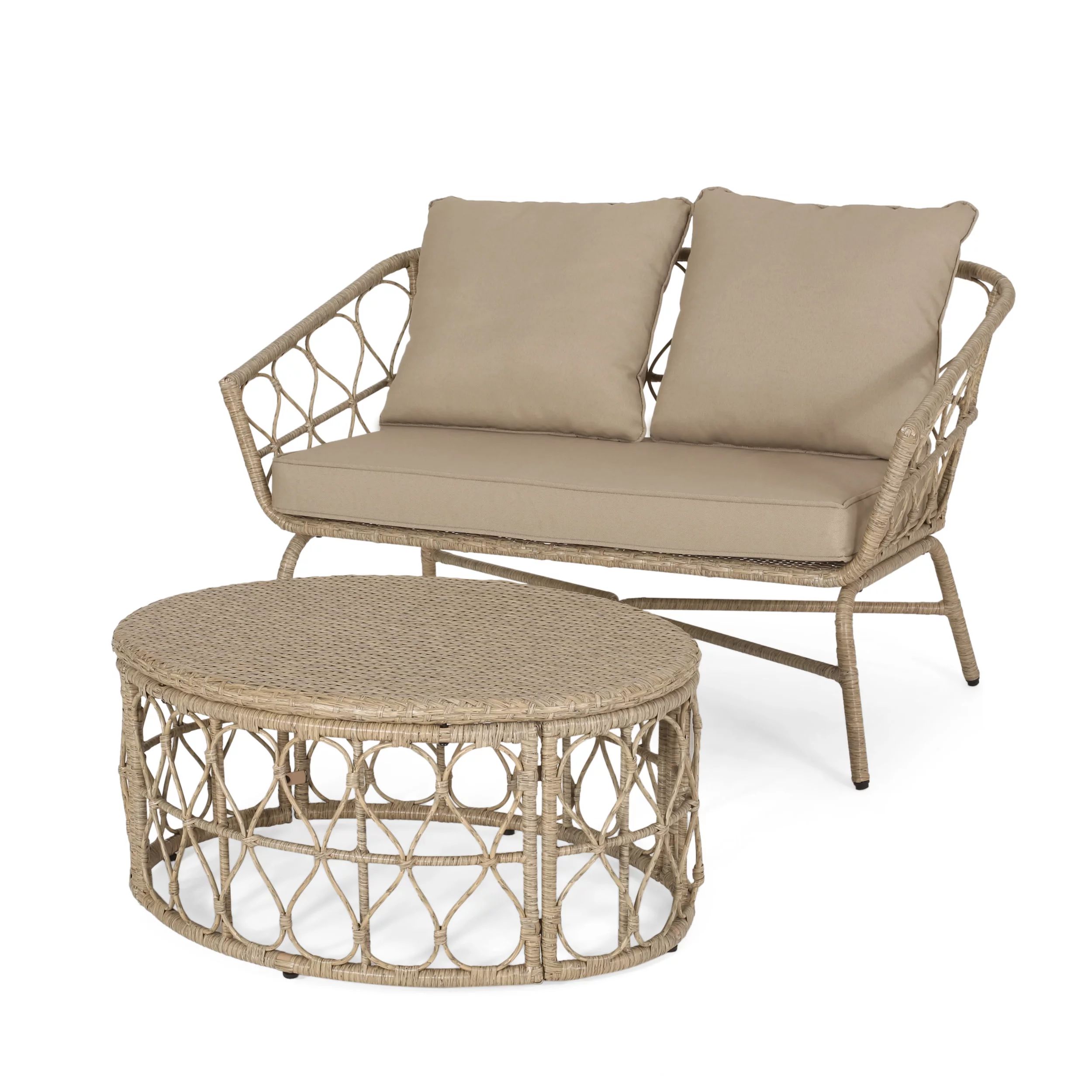 Colmar Outdoor Wicker Loveseat and Coffee Table Set, Light Brown and Beige | Walmart (US)