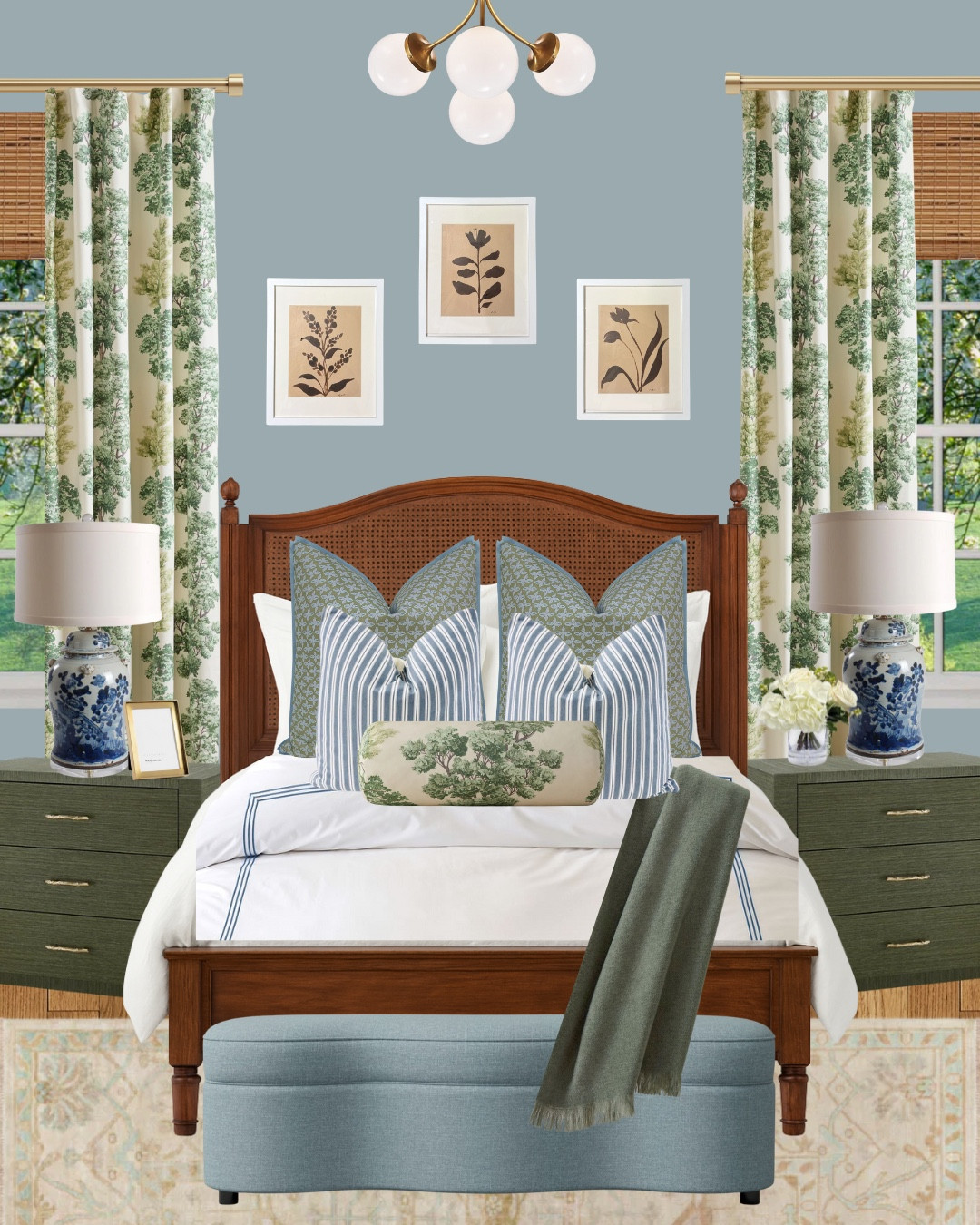 Bedroom inspo, blue and green bedroom, green botanical curtains, ginger jar lamp, rattan bed, blue ottoman, green and neutral oushak rug, blue stripe pillows, green botanical lumbar, green bolster, green and blue euro shams, green throw blanket, green nightstand, raffia nightstand, bamboo shades, modern flush mount, white and blue duvet, white bedding 

#LTKSaleAlert #LTKHome #LTKFindsUnder100