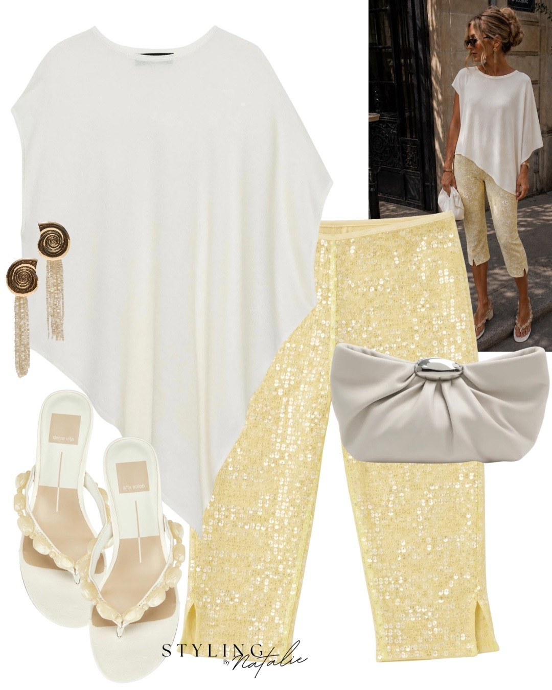 Summer evenings 💛✨
Yellow sequin capri pants, asymmetric lightweight knit cape top, beaded sandals, clutch bag and cascading earrings. 
Date night, summer outfit, Ibiza outfit, Marbella, holiday look, Zara, vacation style @ASOS @Zara

#LTKsummer #LTKpartywear #LTKeurope