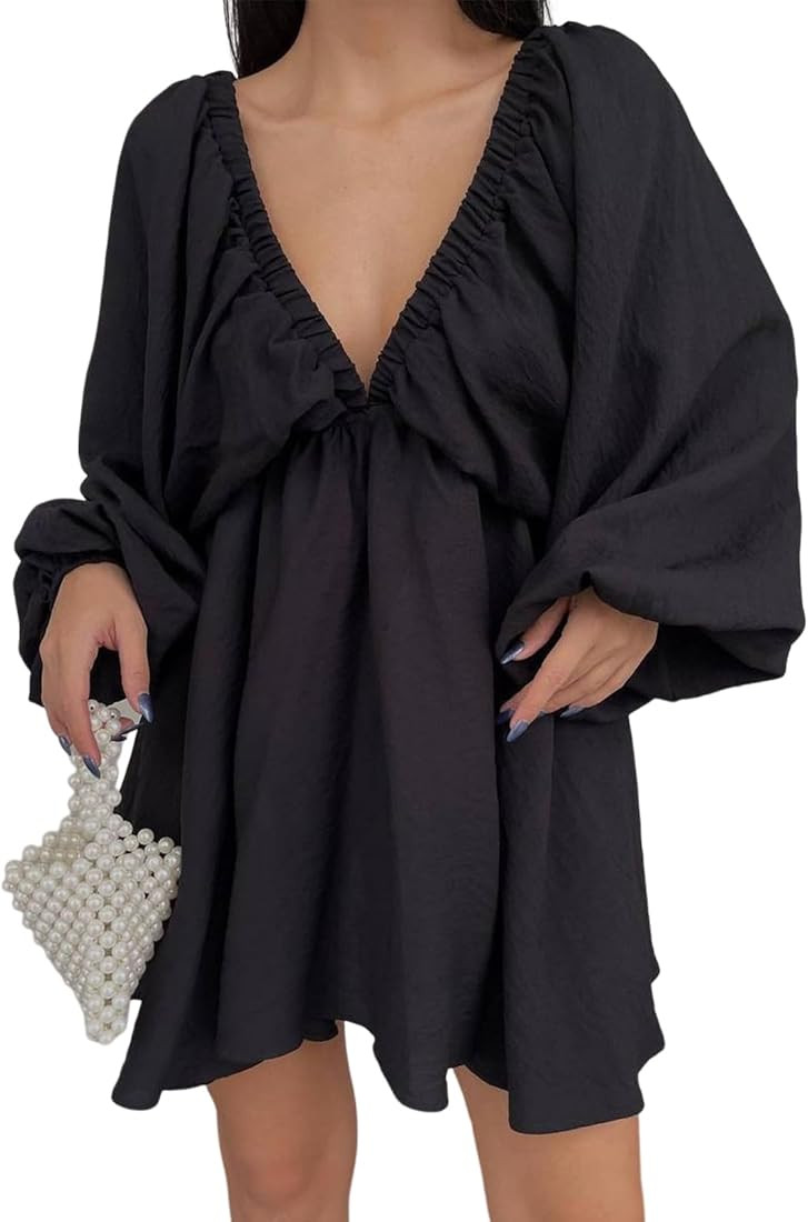 Uni Clau Women's Deep V Neck Batwing Sleeve Casual Cute Dress Elastic High Waist A Line Summer Sh... | Amazon (US)
