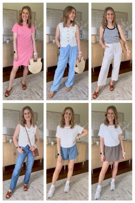 Target summer outfit ideas! Cute tshirt dress, linen pants, and athleisure finds like a comfy skort and FP lookalike pleat side running shorts. Wearing medium in the dress (I went up one size), medium in shorts and skort, XL in the white crop tee. Small in the denim vest. Medium in the stripe tank top. #targetstyle

#LTKFindsUnder50 #LTKStyleTip #LTKFindsUnder100