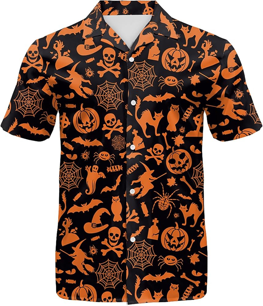 Eciodci Men's Halloween Button Down Shirt Pumpkin Skull 3D Printed Novelty Funny Short Sleeve Shi... | Amazon (US)