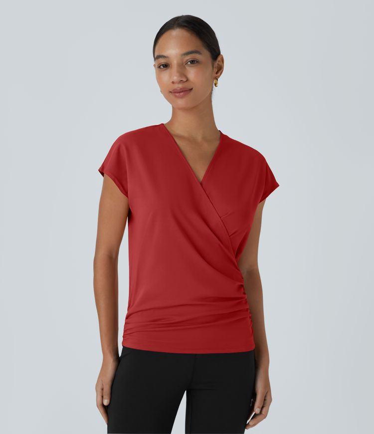 Women’s V Neck Cap Sleeve Crossover Ruched Solid Work Blouse - Halara | HALARA