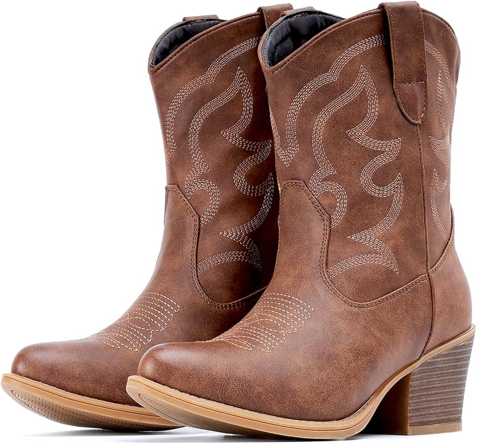 IXU Cowboy Boots for Women Wide Suede Ankle Western Cowgirl Boots Mid Calf Pointed Toe Short Chun... | Amazon (US)