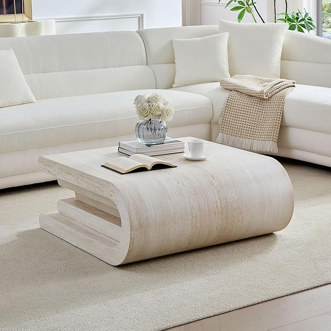 33.89" Square Faux Travertine Pattern Coffee Table for Living Room,MDF Modern Design Irregular Ta... | Amazon (US)