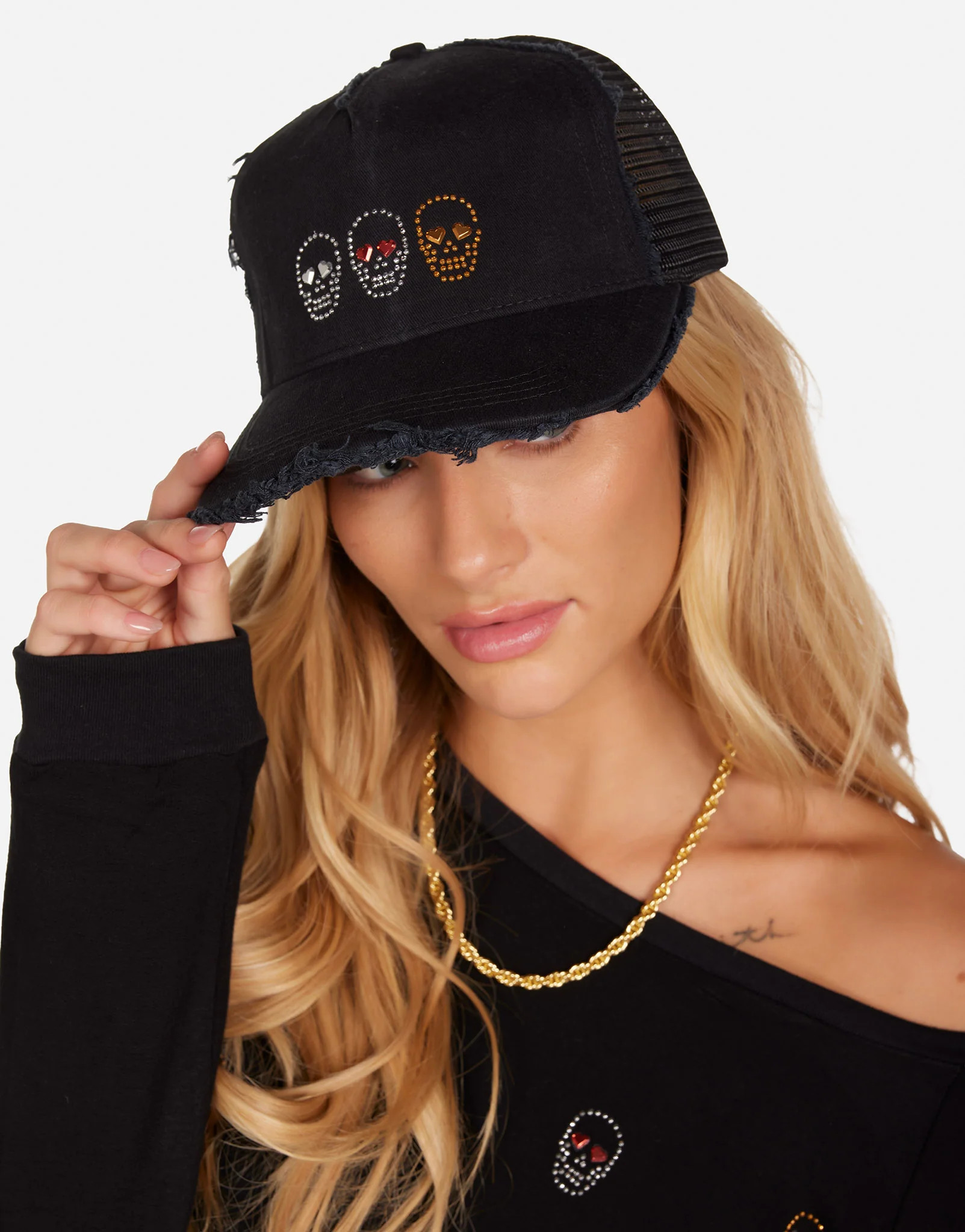 Stud Heart Eye Skulls Trucker Hat in Black | Jilly by Lauren Moshi | Lauren Moshi