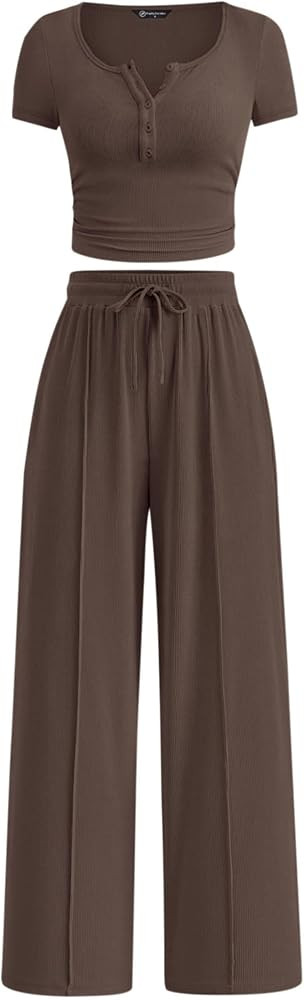 PRETTYGARDEN 2 Piece Outfit Ribbed Crop Top Wide Leg Pants Set | Amazon (US)