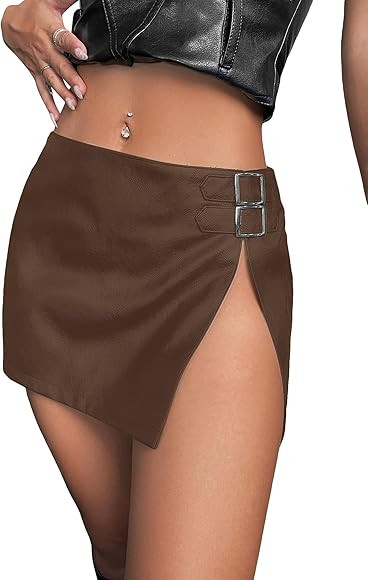 WDIRARA Women's PU Leather High Waisted Slit Zip Fly Sexy Party Club Mini Skirt | Amazon (US)
