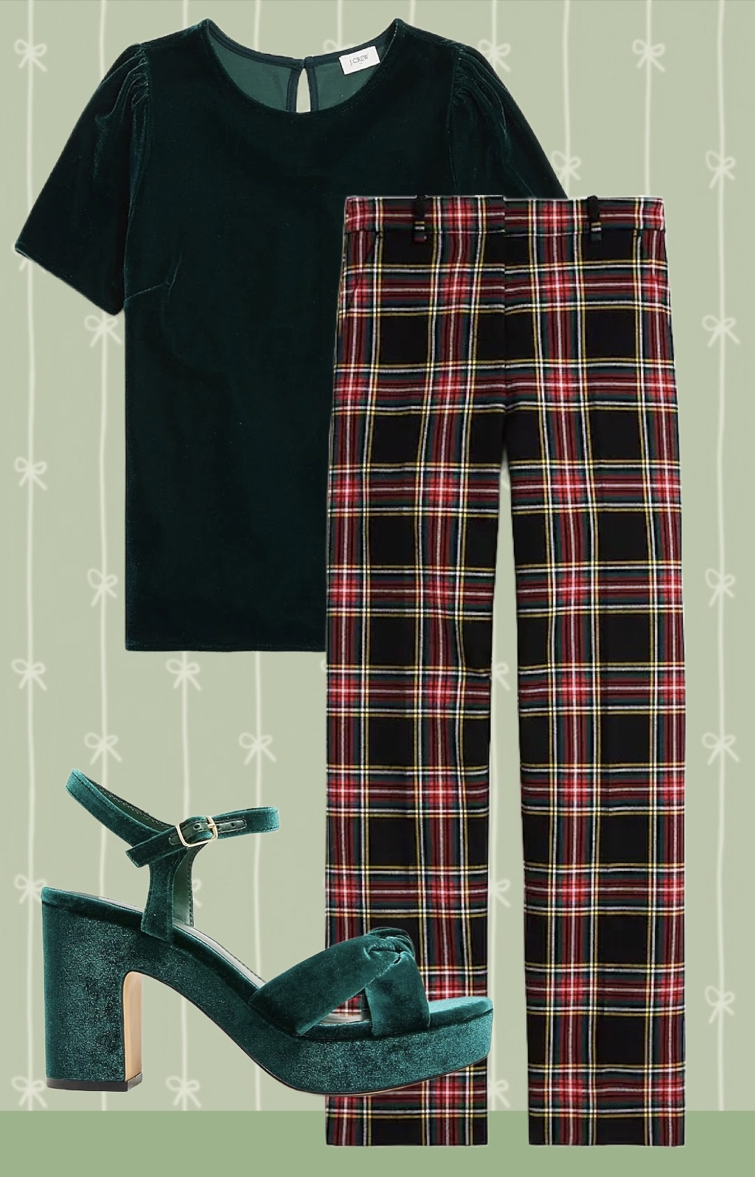 Blackwatch plaid holiday tartan pants with green velvet top. Red and green Christmas outfit  

#LTKHoliday