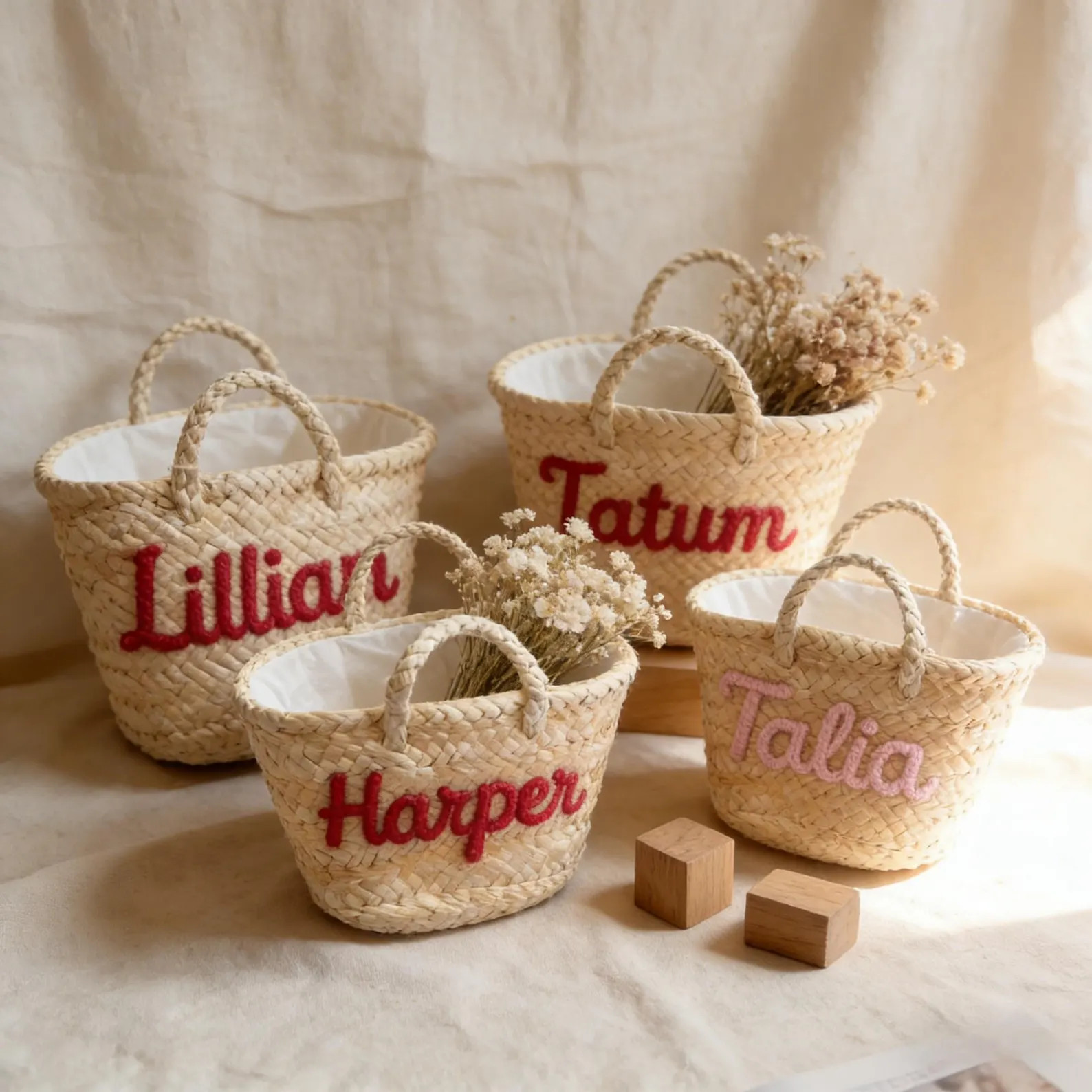 Personalized Woven Straw Basket Bag | Custom Name Handwoven Tote With Pattern & Font Options | Fl... | Etsy (Global)