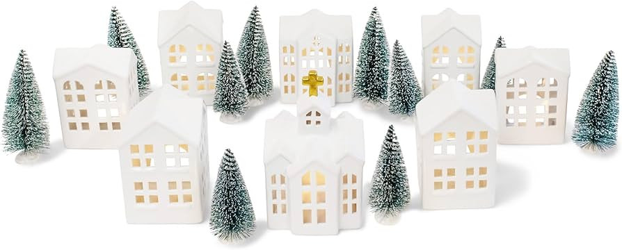 Elanze Designs White Christmas Glitter Village Porcelain Ceramic Figurines 18 Piece Set, for Holi... | Amazon (US)