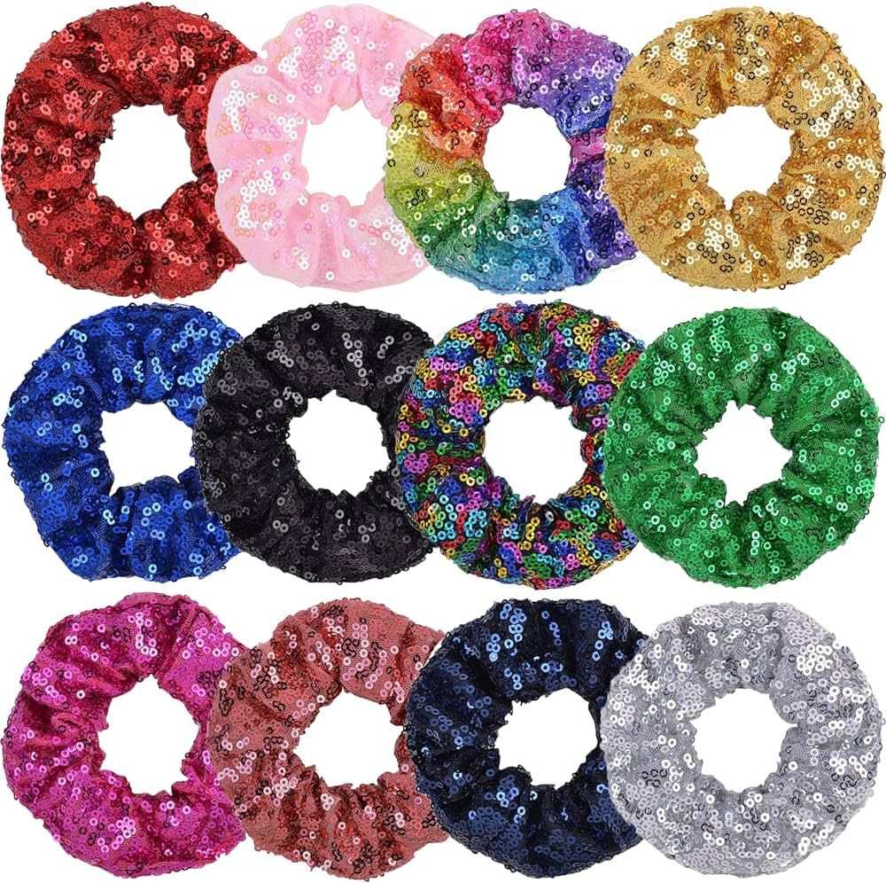 Yuese 12 Pieces Hair Scrunchies for Women Girls，Sparkly Sequins Hair Scrunchies Elastics Hair B... | Amazon (US)