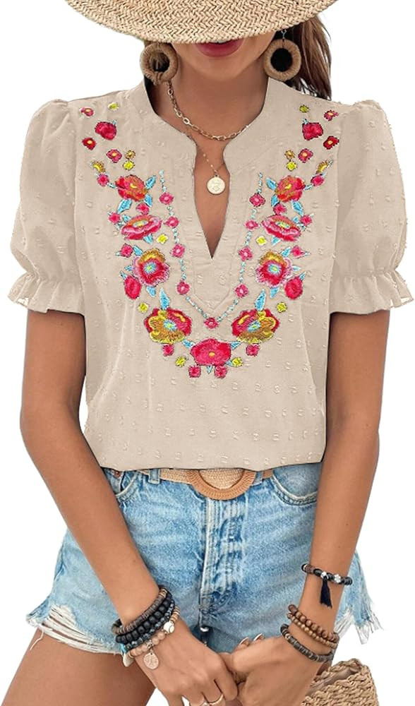 ZILIN Women's Casual Floral Embroidered V Neck Boho Short Puff Sleeve Shirts Loose Summer Blouses... | Amazon (US)