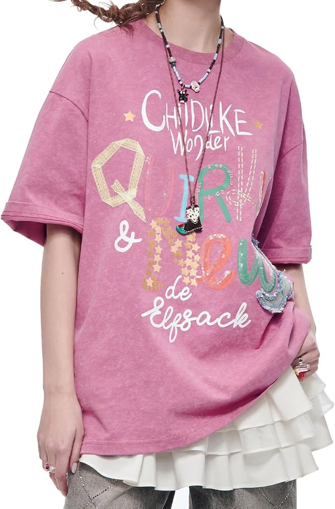 Vintage Washed T-Shirt with Mixed Media Motif, Embroidery and Denim Patch, Relaxed Fit Graphic Te... | Amazon (US)