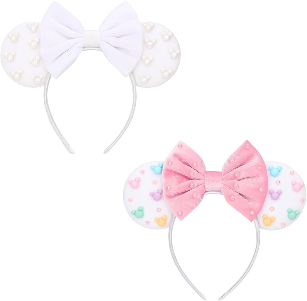 DRESHOW Mouse Ears Headbands for Women Plain White Pearl Mickey Ears Hairbands Bow Head Bands Vel... | Amazon (US)