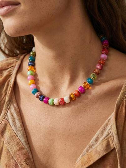 1pc Colorful Acrylic Necklace, Hawaiian Vacation Style Bohemian Round Pendant Necklace, Versatile Choker For Women, Suitable For Beach, Travel, Daily Wear, Dating, Party, Holiday Gift [Bead Colors Randomly Arranged, Bead Quantity Random] - Size one-size | SHEIN
