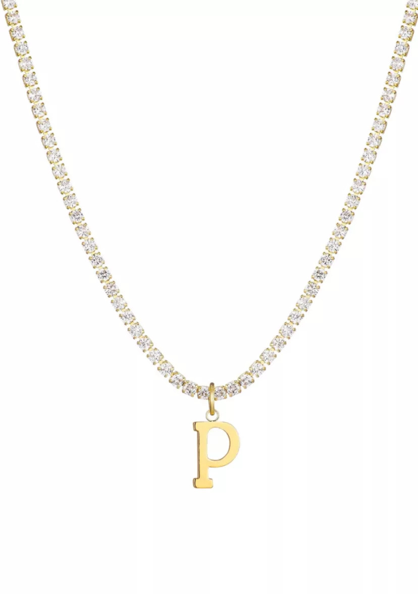 14k Gold Plated Tennis Necklace with Initial Charm | Belk