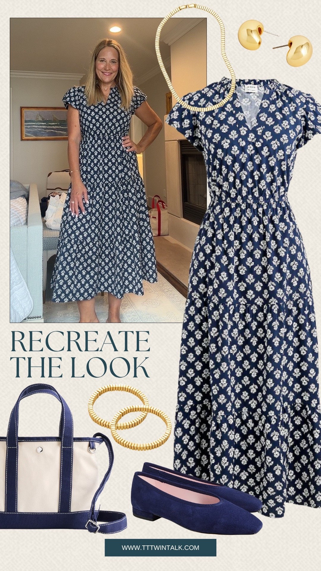This J.Crew floral dress is such a pretty one to recreate for fall. I love the navy and white print paired with simple gold jewelry and classic navy flats. Add a structured tote and you have an outfit that works for brunch, church, or a day out.

#LTKSeasonal #LTKOver40 #LTKMidsize