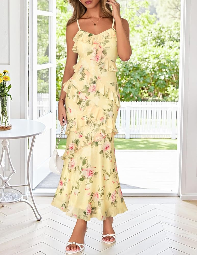 MEROKEETY Summer Floral Wedding Guest Maxi Dress Womens 2026 Spring Formal Bodycon Ruffle Spaghet... | Amazon (US)