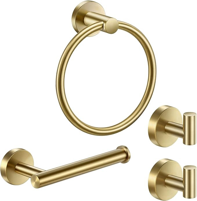 Pynsseu Bathroom Accessories Set, Brushed Gold Toilet Paper Holder Hand Towel Ring and 2 Robe Tow... | Amazon (US)