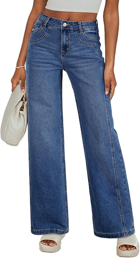 Sidefeel Women's Wide Leg Jeans High Waisted Stretchy Jeans Straight Leg Trendy Patchwork Loose F... | Amazon (US)