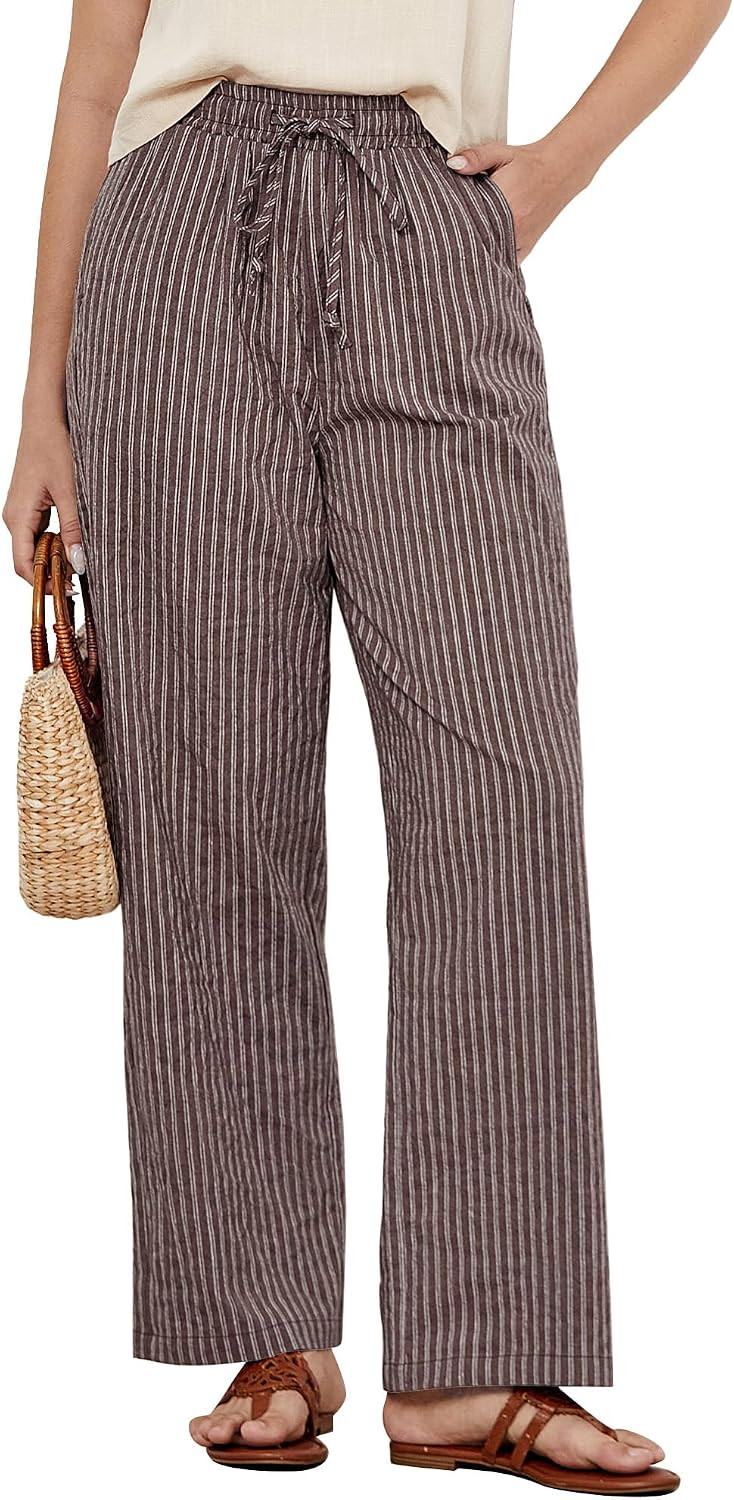 GRAPENT Striped Pants for Women High Waisted Wide Leg Cotton Linen Trendy Beach Pull on Elastic Waist Casual Flowy Pants | Amazon (US)