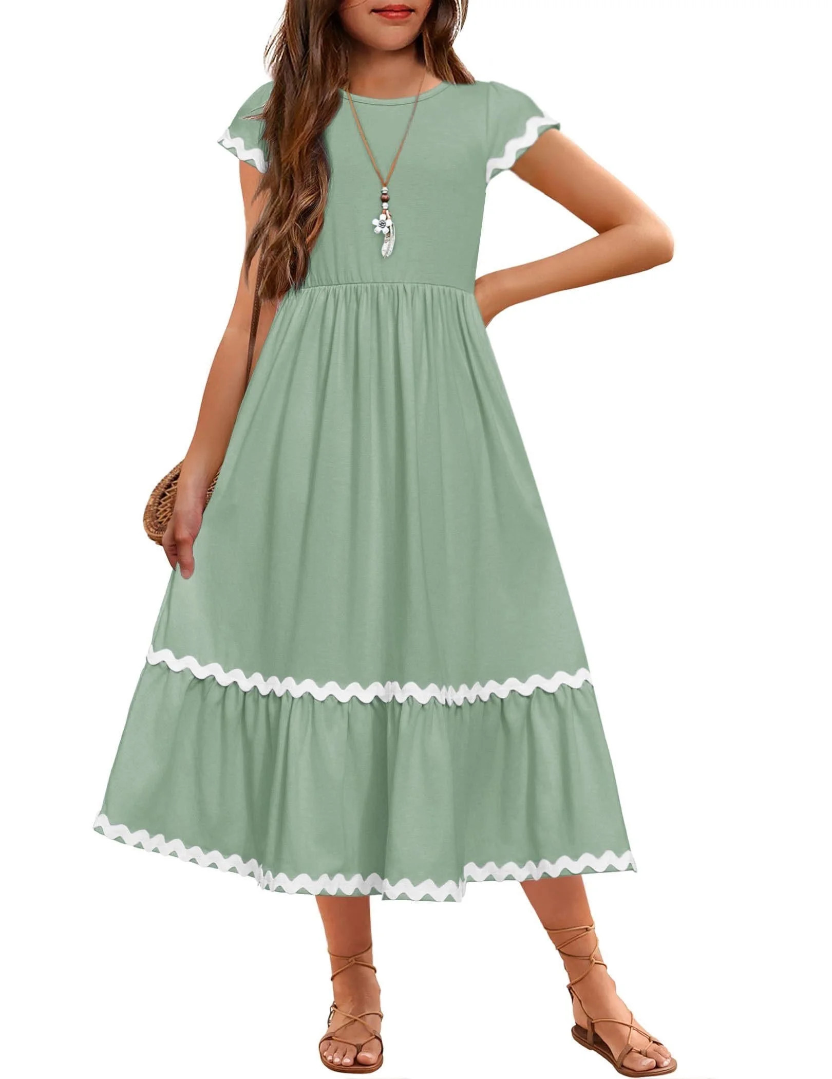 Arshiner Girls Summer Maxi Dresses Short Sleeve Casual Flowy Tiered A-Line Dress with Pockets | Walmart (US)