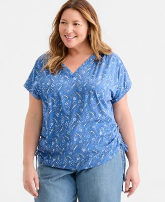Style & Co Plus Size Printed Ruched Tie-Hem V-Neck Top, Macy's Exclusive - Light Cobalt | Macy's